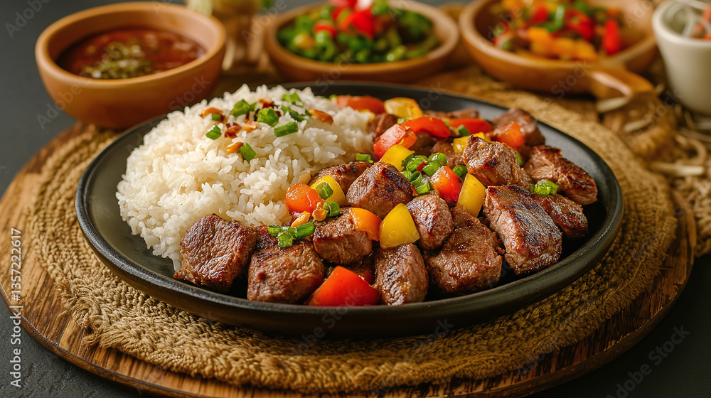 A flavorful plate of Kabuli Palaw, featuring tender meat, fluffy rice, and vibrant toppings, creating a mouthwatering culinary experience in a warm, inviting ambiance A flavorful plate of Kabuli Palaw, featuring tender meat, fluffy rice, and vibrant toppings, creating a mouthwatering culinary experience in a warm, inviting ambiance