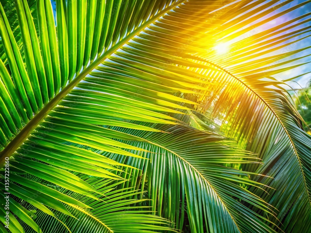 Obraz premium Lush Coconut Palm Leaves Architectural Detail - Tropical Island Paradise Stock Photo