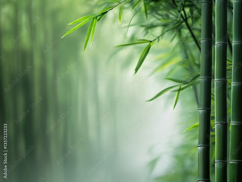 Naklejka premium Bamboo forest in morning mist with minimalist composition and negative space on left