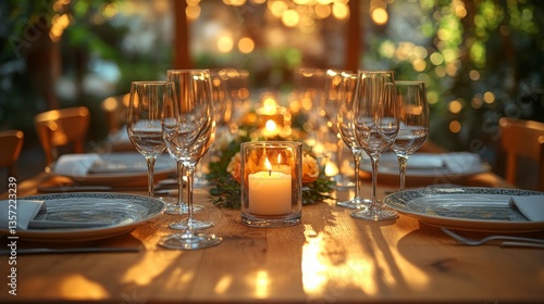 A high-angle shot of a long dining table set for an elegant dinner party, featuring fine china, wine glasses, and candles