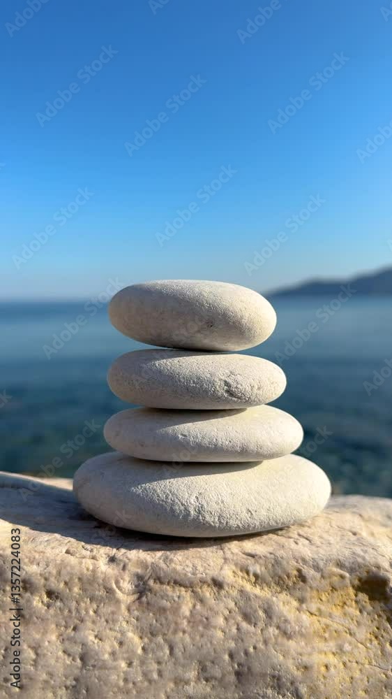 CLOSE UP, VERTICAL: Thrown rock flies into a carefully stacked pile of smooth white pebbles near the sea. The top stones begin to scatter from towering sculpture towards the blue sky and calm ocean. CLOSE UP, VERTICAL: Thrown rock flies into a carefully stacked pile of smooth white pebbles near the sea. The top stones begin to scatter from towering sculpture towards the blue sky and calm ocean.