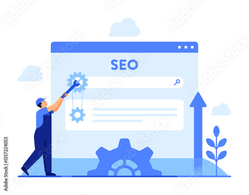 SEO optimization with developer adjusting gears on search engine interface. Website ranking and digital marketing strategy concept. Flat vector illustration isolated on white background