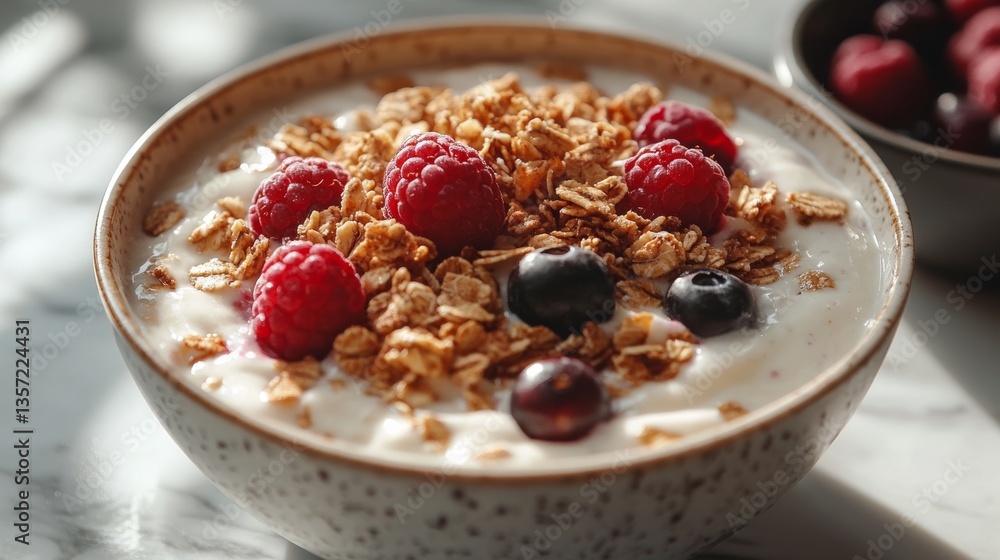 A refreshing smoothie bowl topped with granola, berries, and coconut flakes, presented on a marble countertop with natural sunlight highlighting the textures A refreshing smoothie bowl topped with granola, berries, and coconut flakes, presented on a marble countertop with natural sunlight highlighting the textures