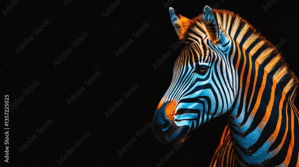 Fototapeta premium Zebra Headshot, Dramatic Profile View on a Black Background, Striking Wildlife Portrait