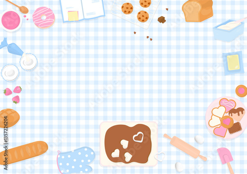Bakery and baking utensils on plaid background