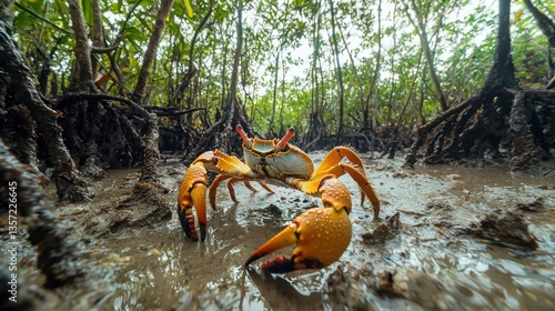 A fiddler crab waving its large claw in a muddy mangrove area. 