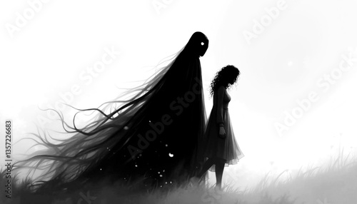 A woman is walking in a field with a long, dark hair. A shadow of a person is following her
