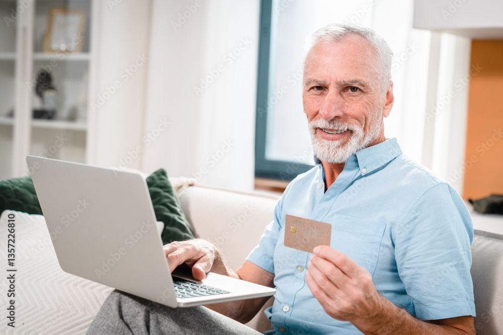 Easy way to get pension payment. Happy mature man aged e bank client using laptop credit card check account enjoy getting money transfer. Smiling senior male pay online by computer wifi internet Easy way to get pension payment. Happy mature man aged e bank client using laptop credit card check account enjoy getting money transfer. Smiling senior male pay online by computer wifi internet
