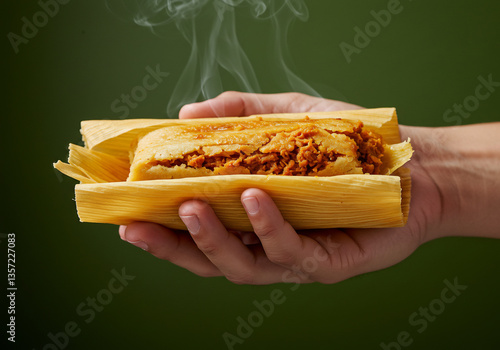 Steaming Tamale Held in a Hand Against a Dark Green Background