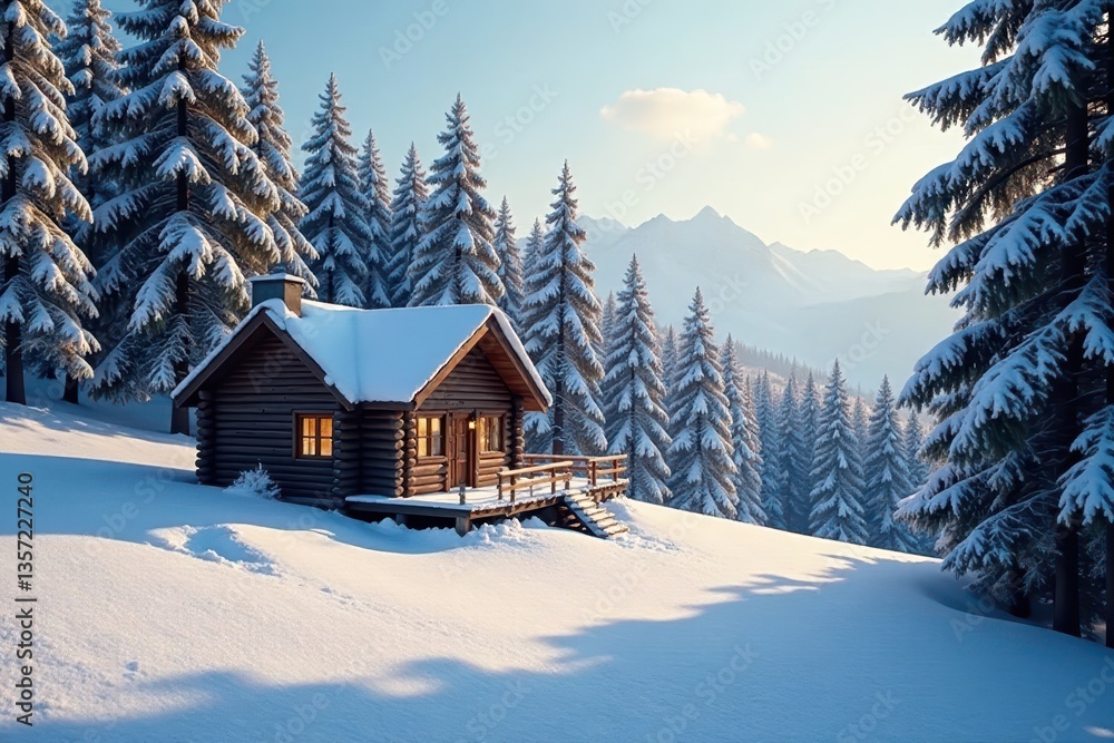 Fototapeta premium Cabin nestled in snowy woods, ample empty space, calm, view, snowy woods