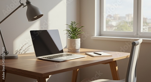 Wallpaper Mural Modern Workspace with Laptop, Plant, and Natural Light Torontodigital.ca