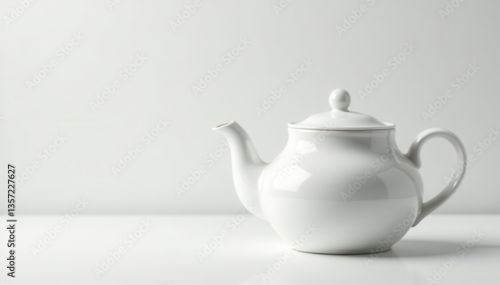 Classic white ceramic teapot on white tabletop , peace, bright, interior Classic white ceramic teapot on white tabletop , peace, bright, interior