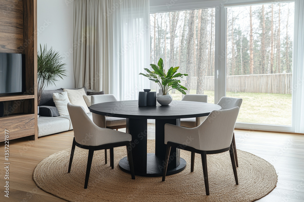 Fototapeta premium a modern living room with a dining table and a scenic view