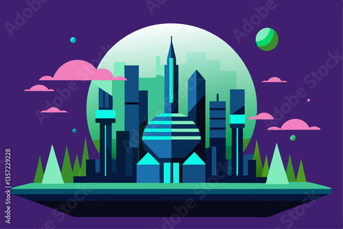 night city skyline with moon