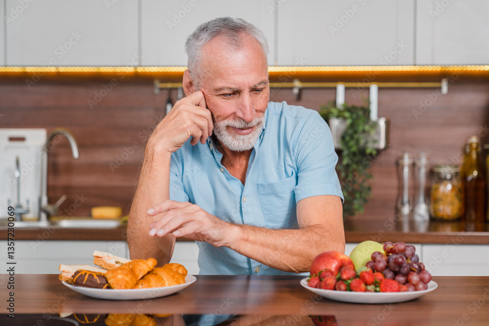 A senior man sitting in kitchen ponders a choice between a plate of fresh fruits and sugary pastries, suggesting themes of healthy eating and decision-making in diet. Nutrition diet concept A senior man sitting in kitchen ponders a choice between a plate of fresh fruits and sugary pastries, suggesting themes of healthy eating and decision-making in diet. Nutrition diet concept