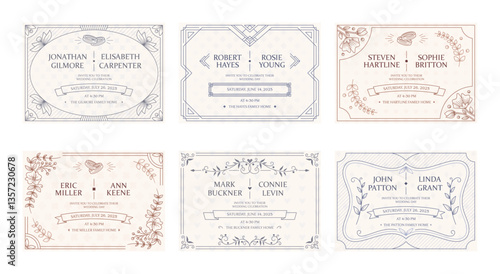 Invitation certificate of wedding with elegant frame, bride groom names and ceremony date lettering