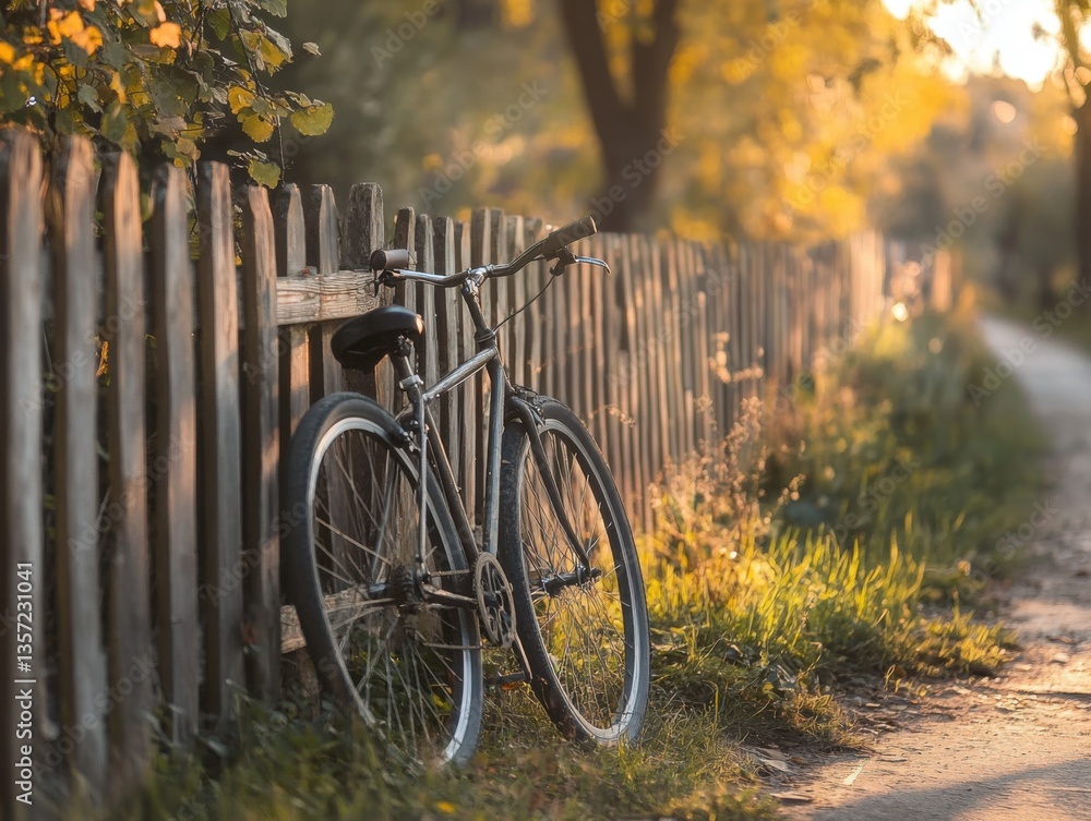 Fototapeta premium Bicycle and wooden fence in soft morning light with space for text on the left