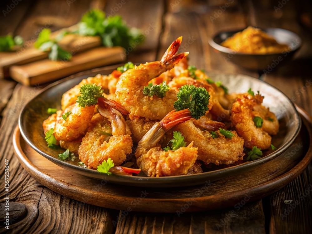 Fototapeta premium Crispy Fried Shrimp Plate: Delicious Seafood Dish, Close-Up Photography
