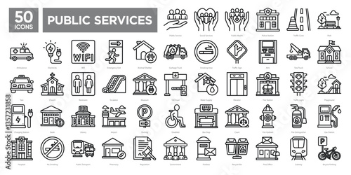 Public services icon collection set, including transportation, healthcare, safety, utilities, and government facilities. Ideal for maps, infographics, and urban planning designs.