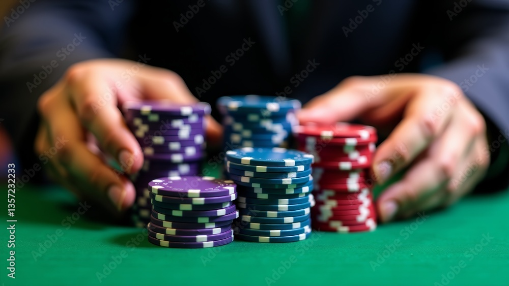 Stacks Of Poker Chips On Green Table Stacks Of Poker Chips On Green Table
