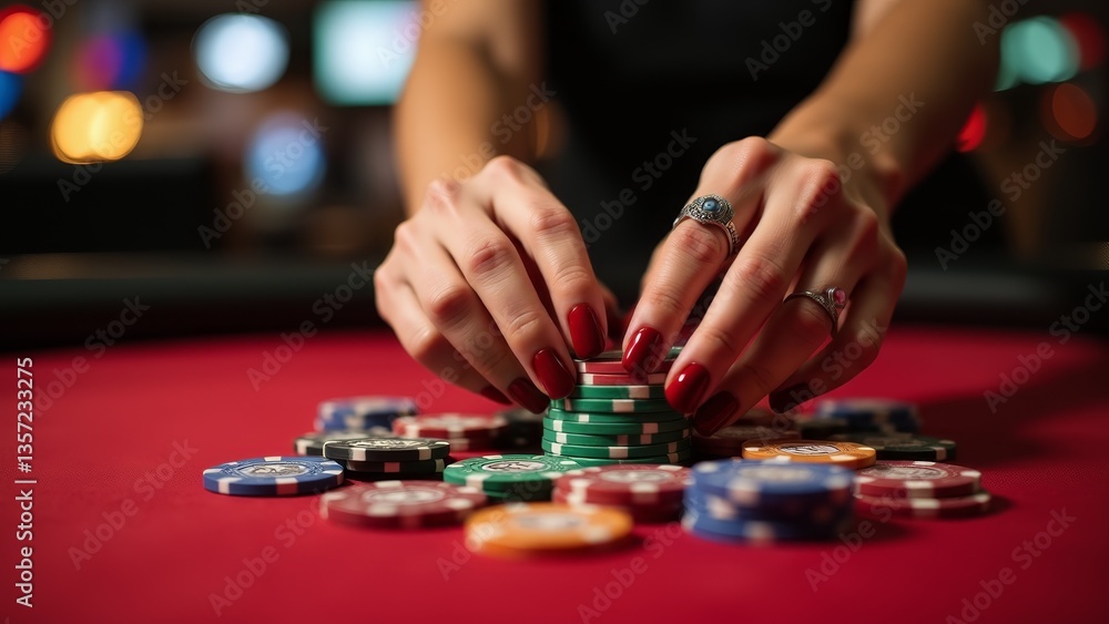 Fototapeta premium Woman Stacking Casino Chips On Table