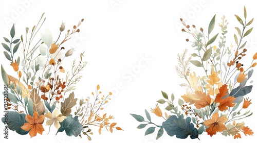 Autumn watercolor floral leaves and flowers frame