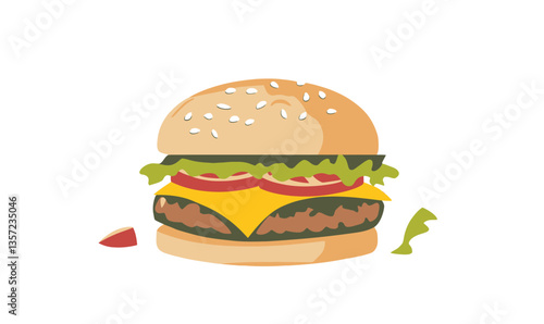 Illustrated Cheeseburger with Lettuce, Tomatoes, Juicy Meat, and Melting Cheese for Food Articles