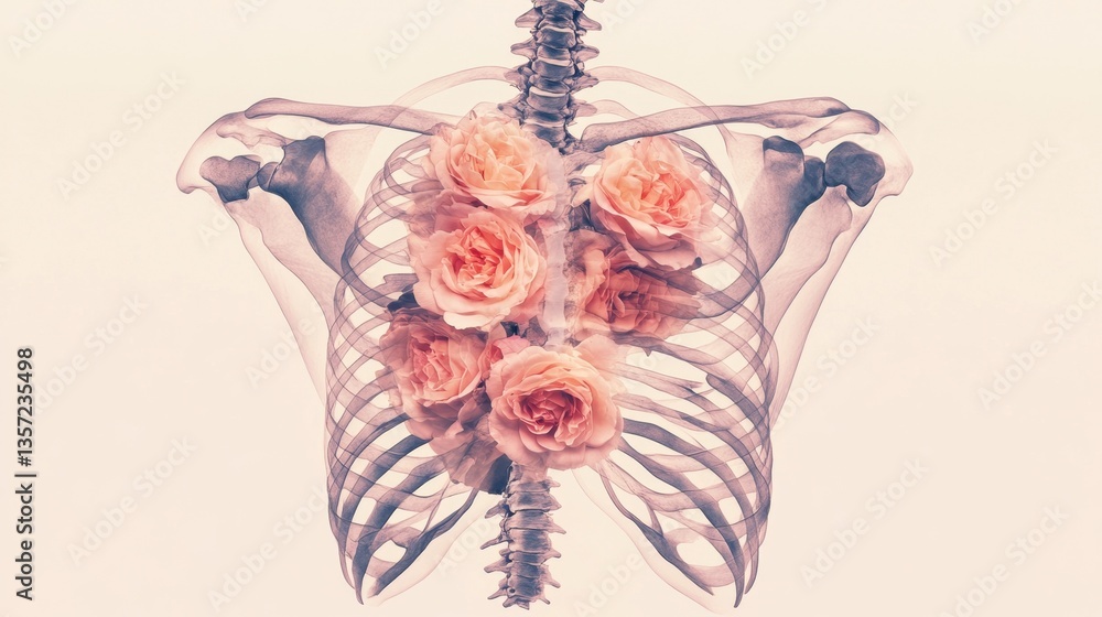 Naklejka premium A surreal X-ray illustration of a human ribcage, intricately detailed with soft, translucent bone structure. Inside the chest cavity, delicate roses in shades of peach and pink bloom