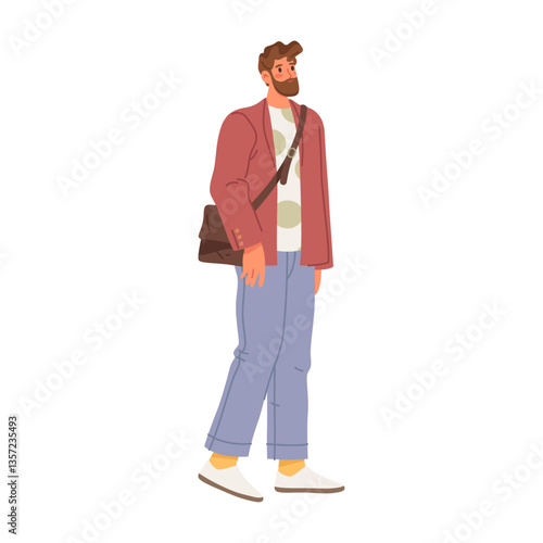 Walking man with bag, isolated strolling positive cheerful male personage with beard. Vector student wearing casual style clothes. Wandering or hanging out guy, pedestrian or casual citizen
