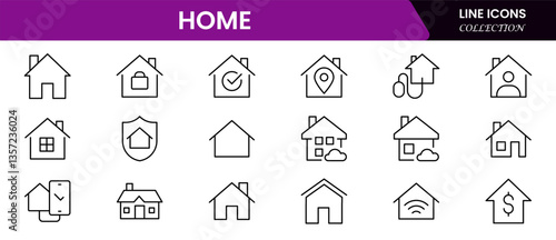 House or Real estate icon set. It contains the house, key, buy, sell, loan, smart home, building, mortgage, address, renovation, land, kitchen, bedroom, living room, and bathroom. vector collection