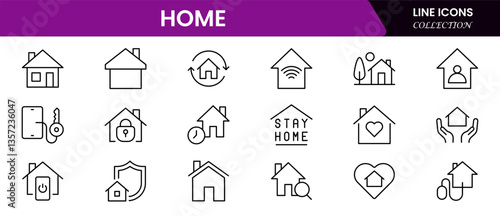 House or Real estate icon set. It contains the house, key, buy, sell, loan, smart home, building, mortgage, address, renovation, land, kitchen, bedroom, living room, and bathroom. vector collection