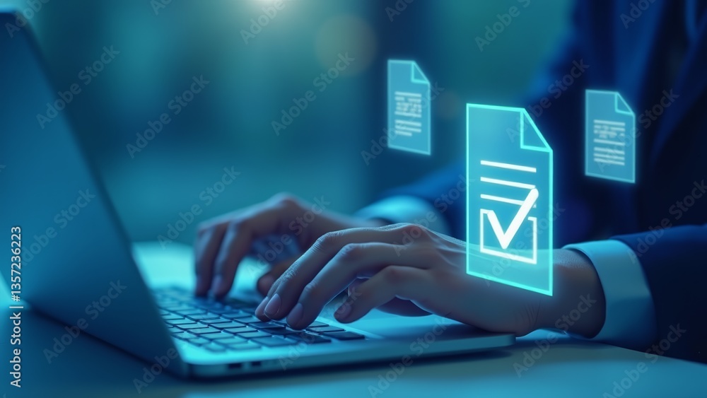 Obraz premium Online Document Approval Using Laptop Computer
