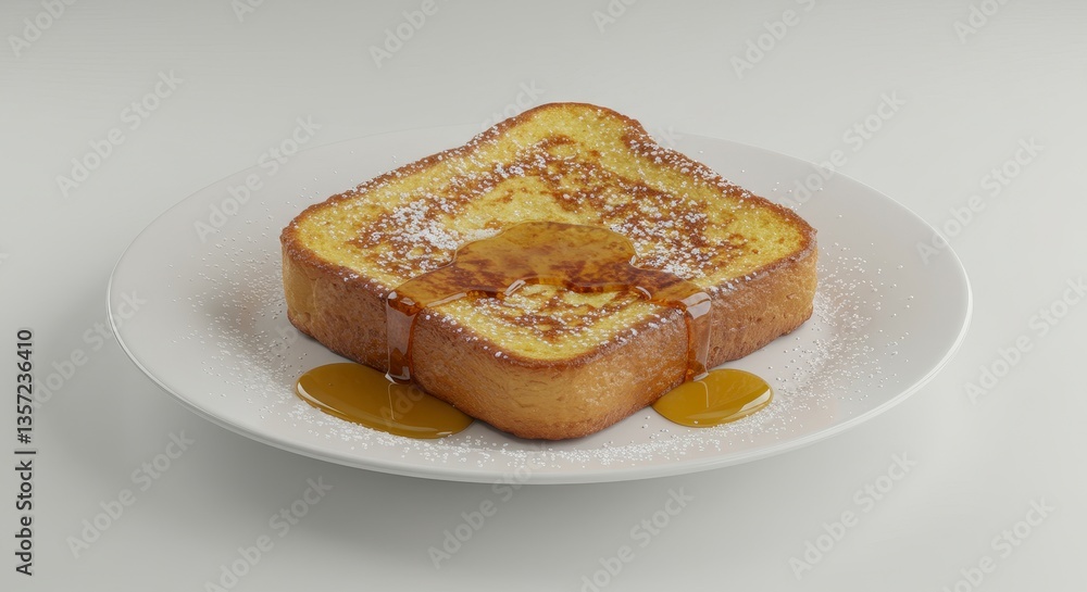 Golden Brown French Toast with Syrup and Powdered Sugar on White Plate Golden Brown French Toast with Syrup and Powdered Sugar on White Plate