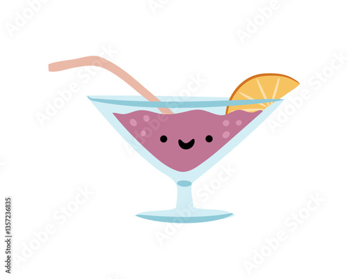 Cute glass character with cocktail, straw and piece of fruit. Vector isolated summer exotic beverage personage with smiling expression. Drink for entertainment and leisure, vacation and rest