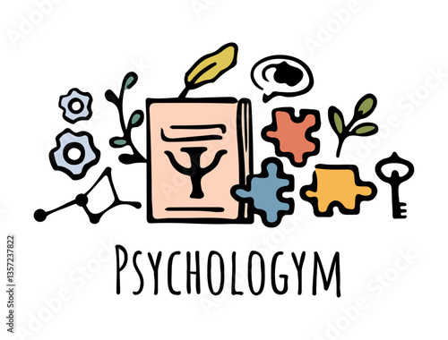 Psychology lessons for school, college or university. Vector flat cartoon icons for students curriculum. Obtaining knowledge about personality and individual traits, psychological tests