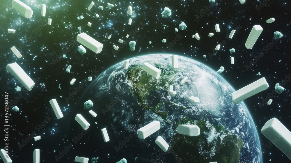 Naklejka premium create an story book style image of 100 millions pieces of white rectangular erasers circling around the earth in a line. In space. Each erasers are 4.5cm in length. 