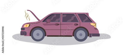 Broken or damaged car, with open hood and smoking engine or part. Vector isolated vehicle with damaged piece. Traffic accident or cause of breaking of automobile. Auto transport on road