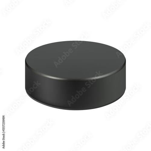 Ice hockey puck isolated 3d realistic illustration on white background. Vector black round puck for skating rink, professional sport equipment. Round rubber puck