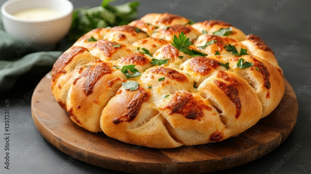 A cheesy pull-apart pizza bread with garlic butter deliciously melted cheese and savory toppings on a rustic wooden board ready to enjoy A cheesy pull-apart pizza bread with garlic butter deliciously melted cheese and savory toppings on a rustic wooden board ready to enjoy