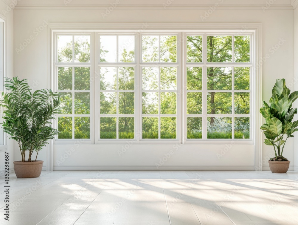 Fototapeta premium Clean white interior with large windows, minimalist design, morning light