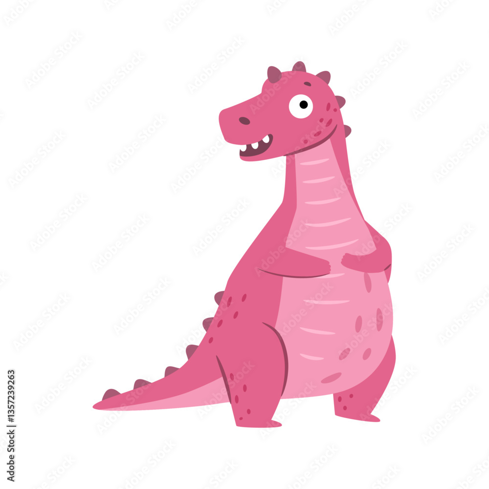 Fototapeta premium Tyrannosaurus rex with spots on skin, isolated carnivorous dino with shocked facial expression. Vector Cretaceous period dinosaur with crests on body and small arms. Funny predator horrified