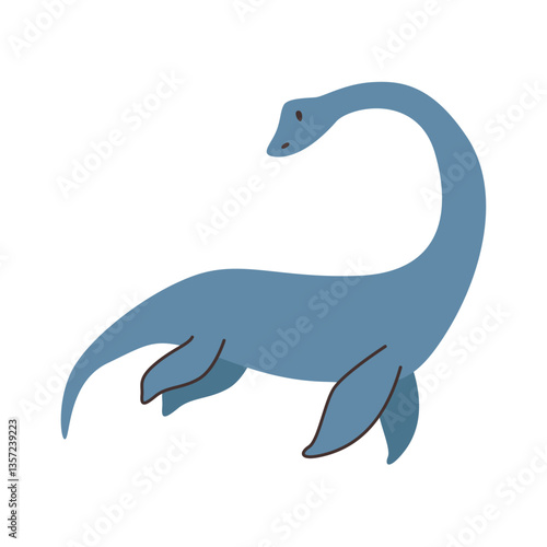 Dinosaur marine plesiosauria character, vector cartoon style for decoration of childrens books and covers. Blue elasmosaurine dino icon isolated. Prehistorical reptile with fins and tail