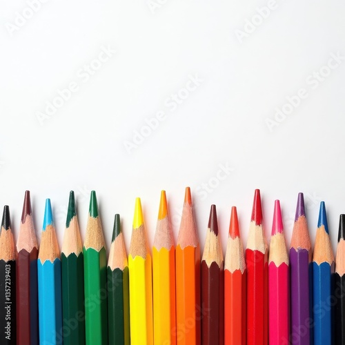This image showcases a row of vibrant colored pencils arranged neatly along the bottom edge of a white background. The pencils display a full spectrum of colors, including black, blue, green, yellow.