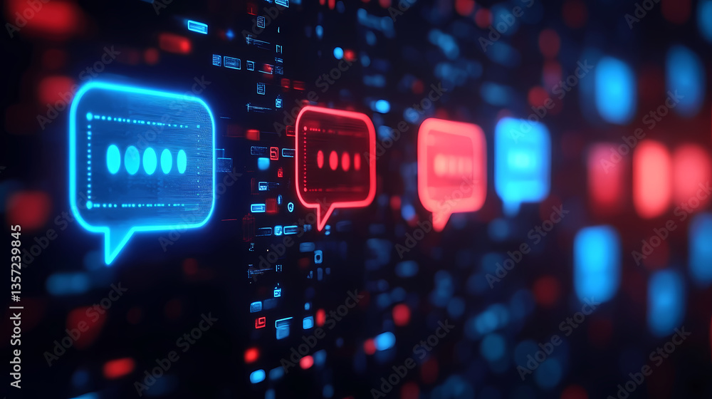 Fototapeta premium Blue and Red Dialogue Bubbles with Digital Symbols