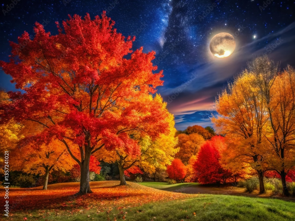 Fototapeta premium Majestic Fall Trees at Night, Vibrant Autumn Leaves Illuminated