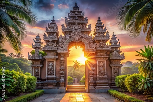 Majestic Hindu Temple Gate at Sunrise, India - Stock Photo