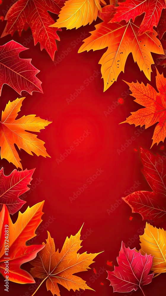 Fototapeta premium Autumn leaves frame on red background. Possible use Social media graphic