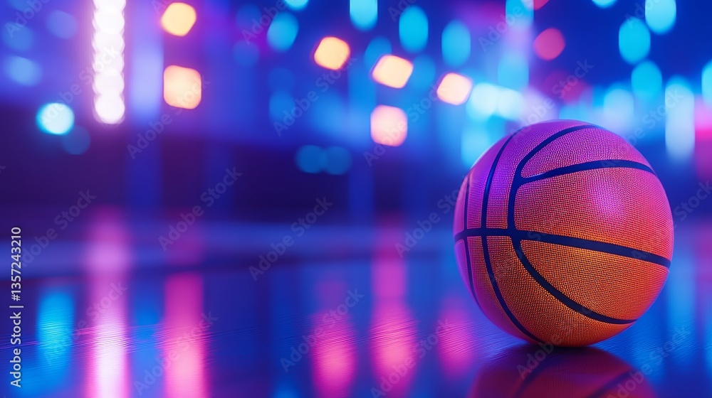 A vibrant basketball resting on a polished court, illuminated by colorful light in the background A vibrant basketball resting on a polished court, illuminated by colorful light in the background