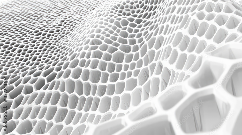Fototapeta premium 3D Futuristic honeycomb mosaic white background. Realistic geometric mesh cells texture. Abstract white vector wallpaper with hexagon grid