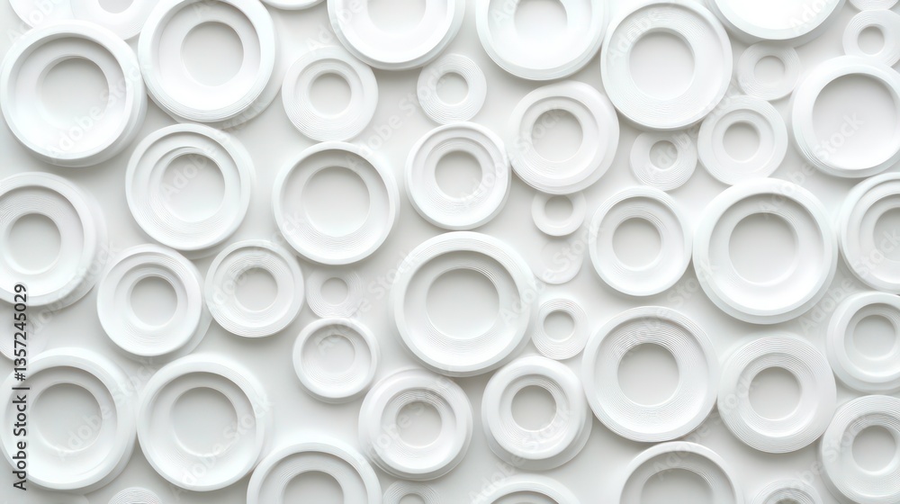 Concentric randomly offset white rings or circles steps fading out background wallpaper banner, close up flat lay top view from above. abstract modern minimal white background Concentric randomly offset white rings or circles steps fading out background wallpaper banner, close up flat lay top view from above. abstract modern minimal white background